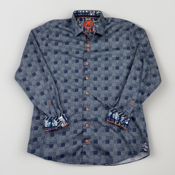 Au Noir Men Shirt Button Up Long Sleeve Sz 4 Blue Geometric Square Abstract AOP - Picture 1 of 16